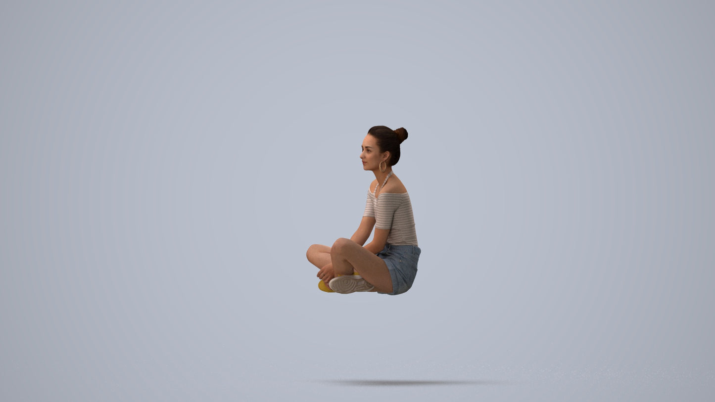 scanned 3D woman casual sitting, photogrammetry people for Enscape and V-Ray, three-quarter view render