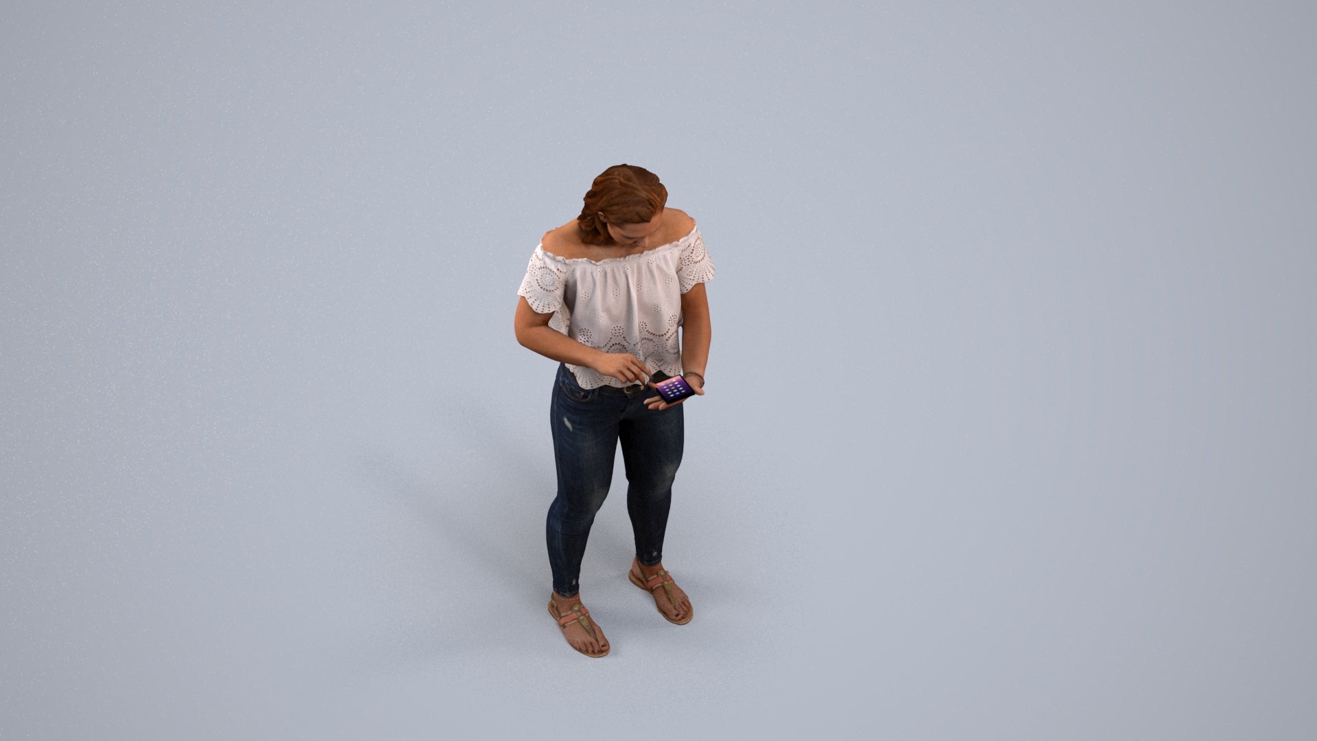 3D human model woman casual standing, photogrammetry scanned person for archviz, back view render