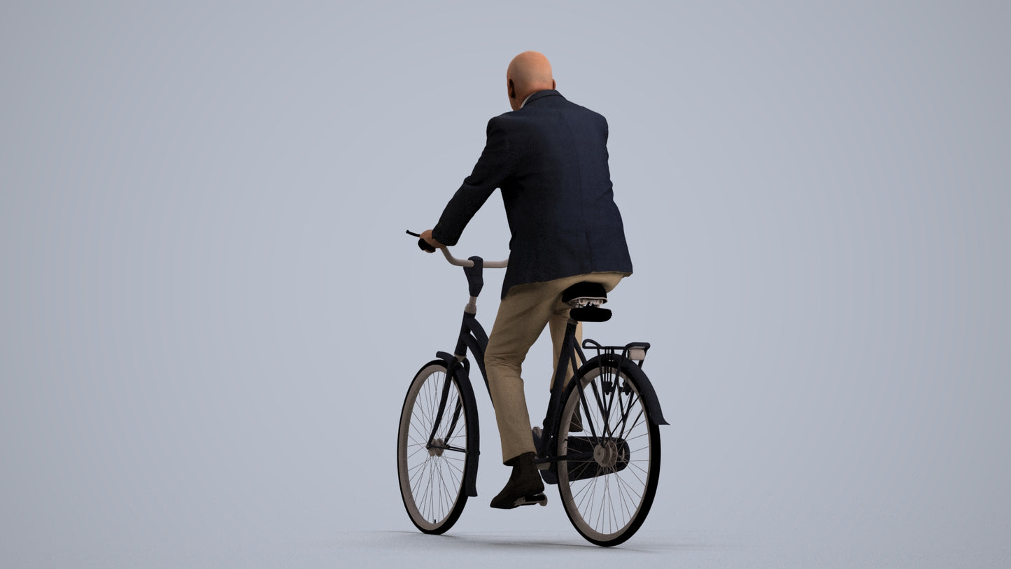 realistic 3D senior man business cycling, scanned archviz people for Blender and 3ds Max, front view render
