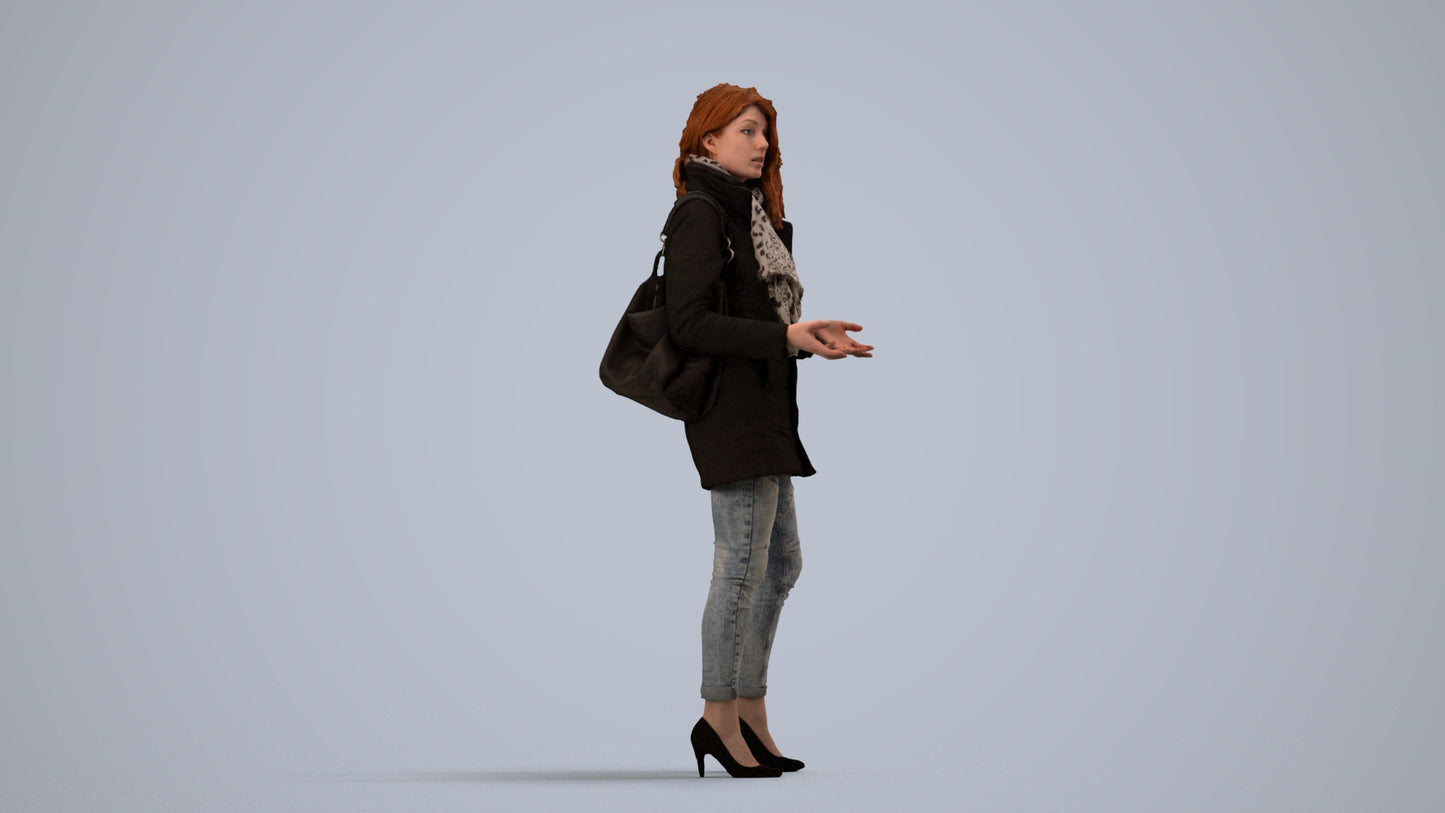 3D scanned woman standing casual, photorealistic archviz people for Enscape and SketchUp, side view render