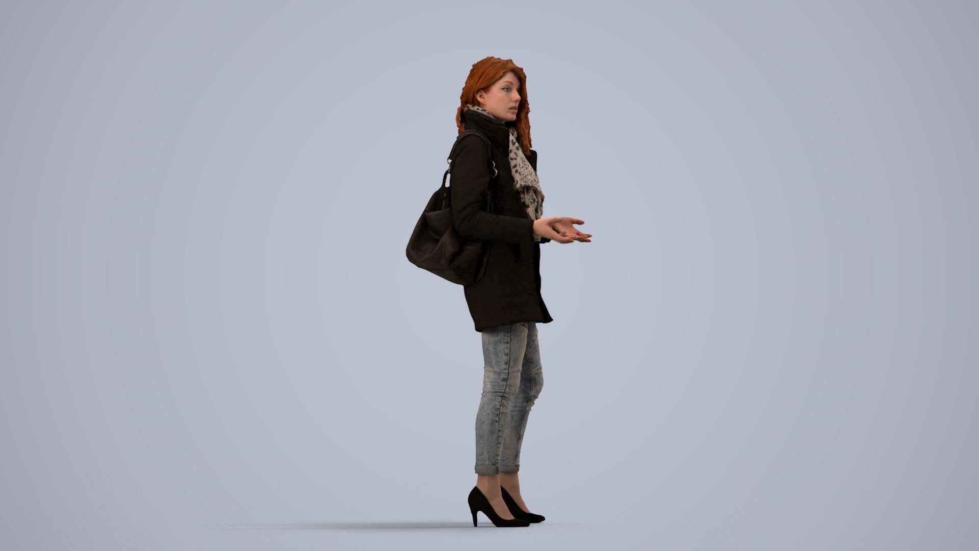 3D scanned woman standing casual, photorealistic archviz people for Enscape and SketchUp, side view render