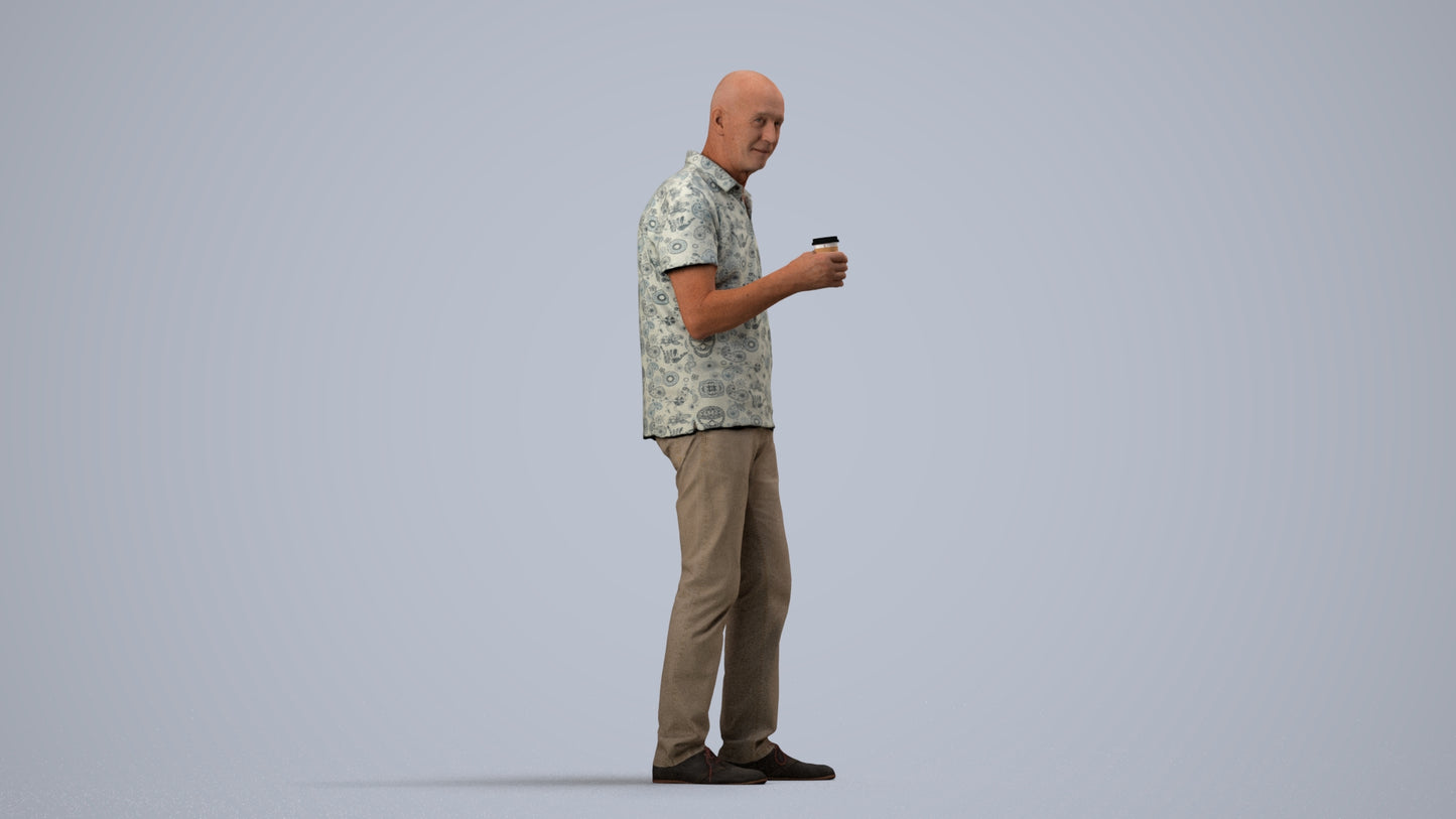 3D scanned senior man standing casual, photorealistic archviz people for Enscape and SketchUp, side view render