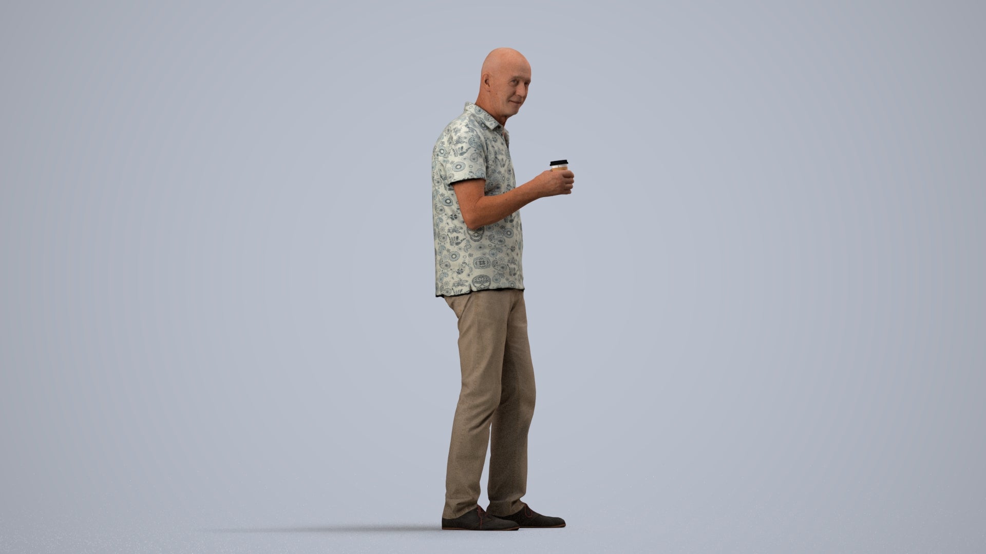 3D scanned senior man standing casual, photorealistic archviz people for Enscape and SketchUp, side view render