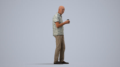 3D scanned senior man standing casual, photorealistic archviz people for Enscape and SketchUp, side view render