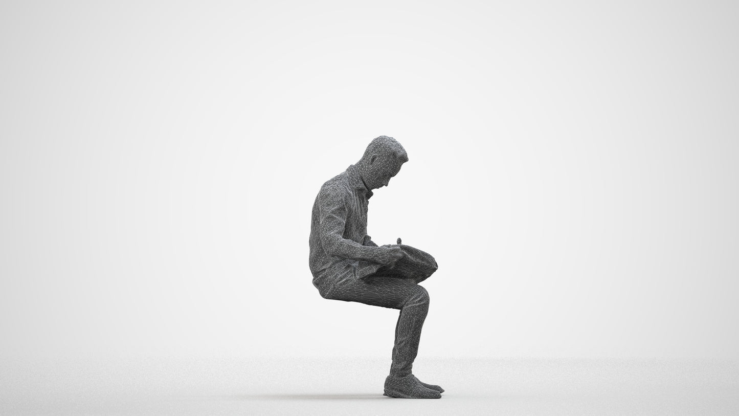photogrammetry 3D man business sitting, realistic human model archviz FBX, wireframe side view