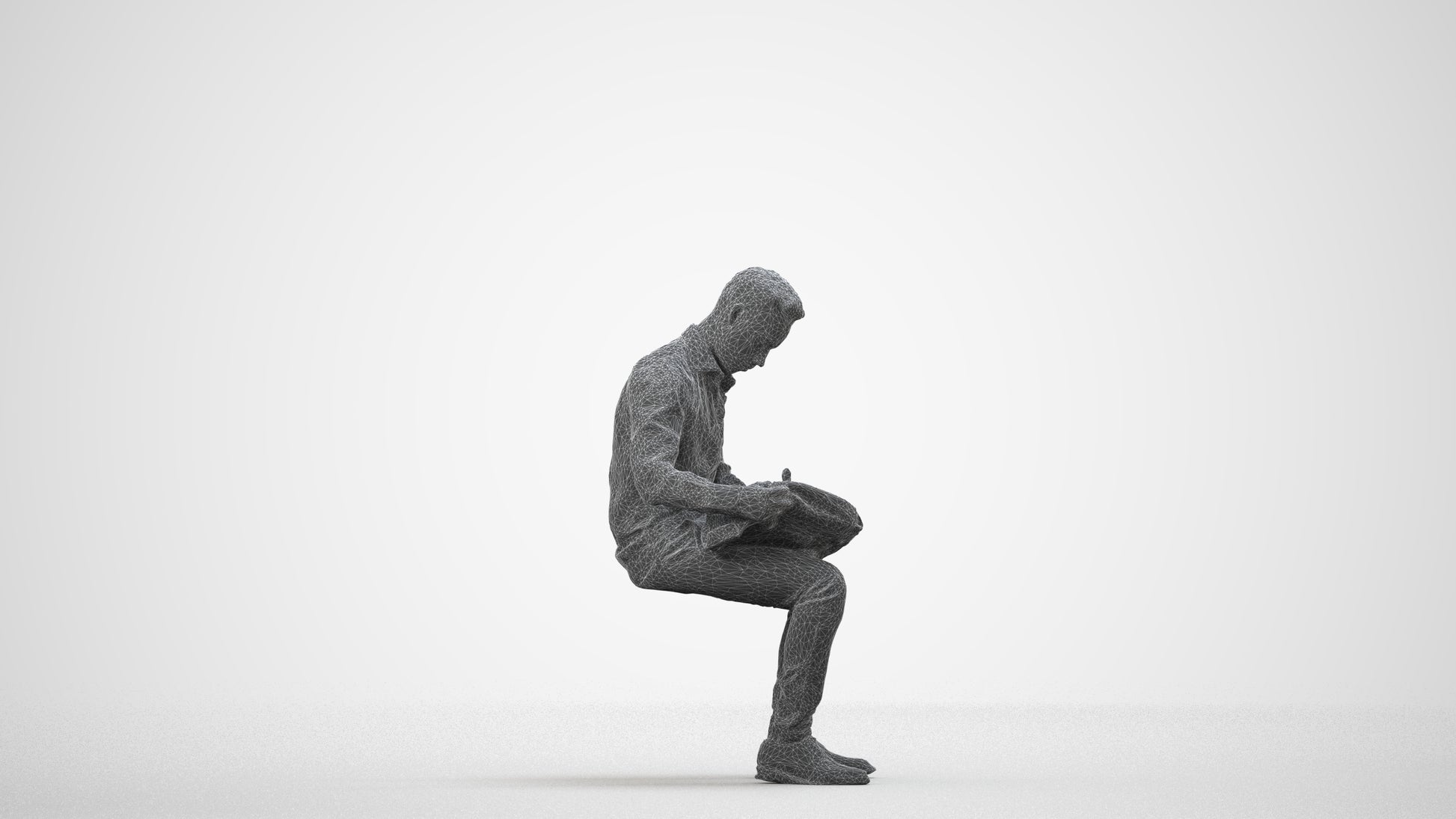 photogrammetry 3D man business sitting, realistic human model archviz FBX, wireframe side view