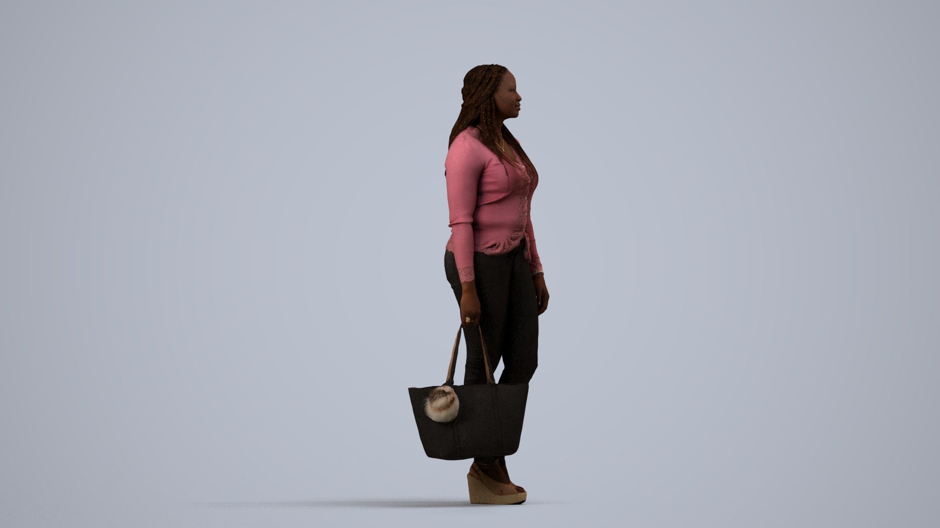 realistic 3D people woman casual standing, render-ready for V-Ray and Corona, FBX OBJ, side view render