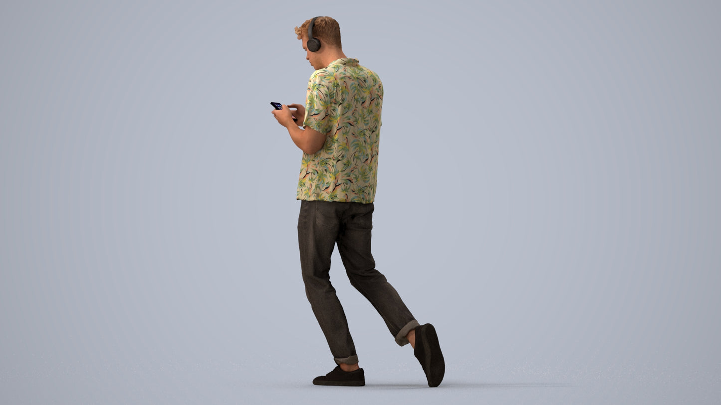 photogrammetry 3D man casual walking, realistic human model archviz FBX, three-quarter view render