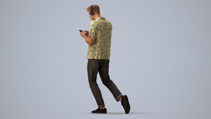 photogrammetry 3D man casual walking, realistic human model archviz FBX, three-quarter view render