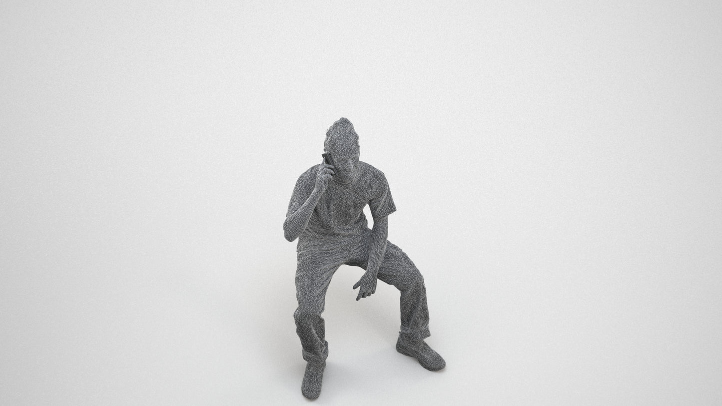 3D people model man casual sitting, scanned human for 3ds Max rendering, wireframe three-quarter view