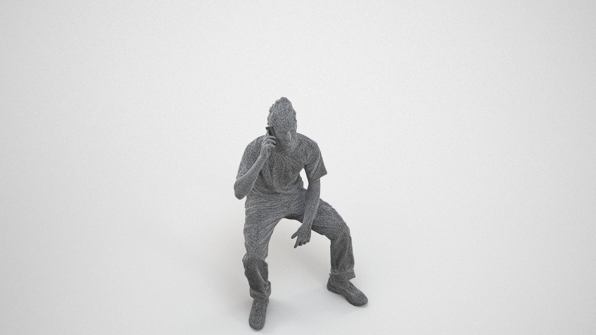 3D people model man casual sitting, scanned human for 3ds Max rendering, wireframe three-quarter view