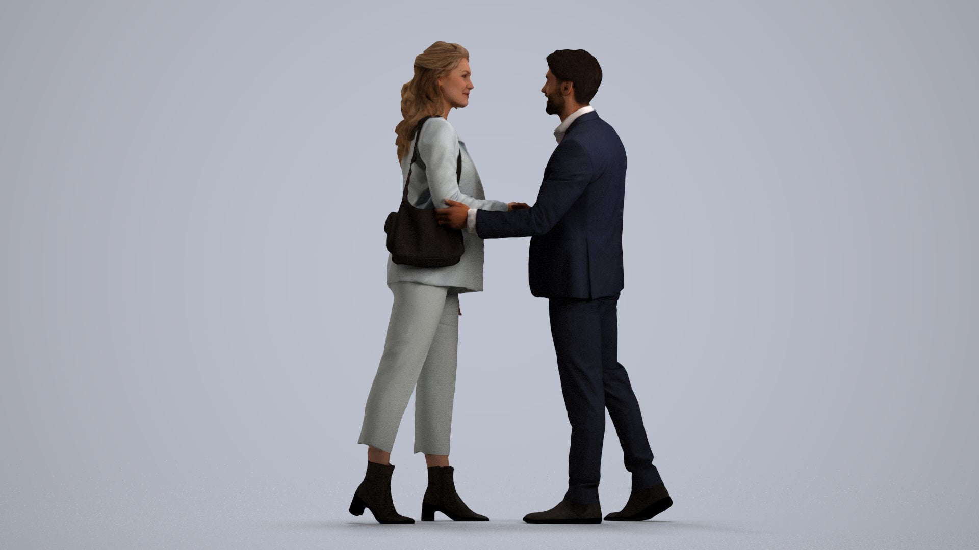 3D human model woman business, photogrammetry scanned person for archviz, front view render