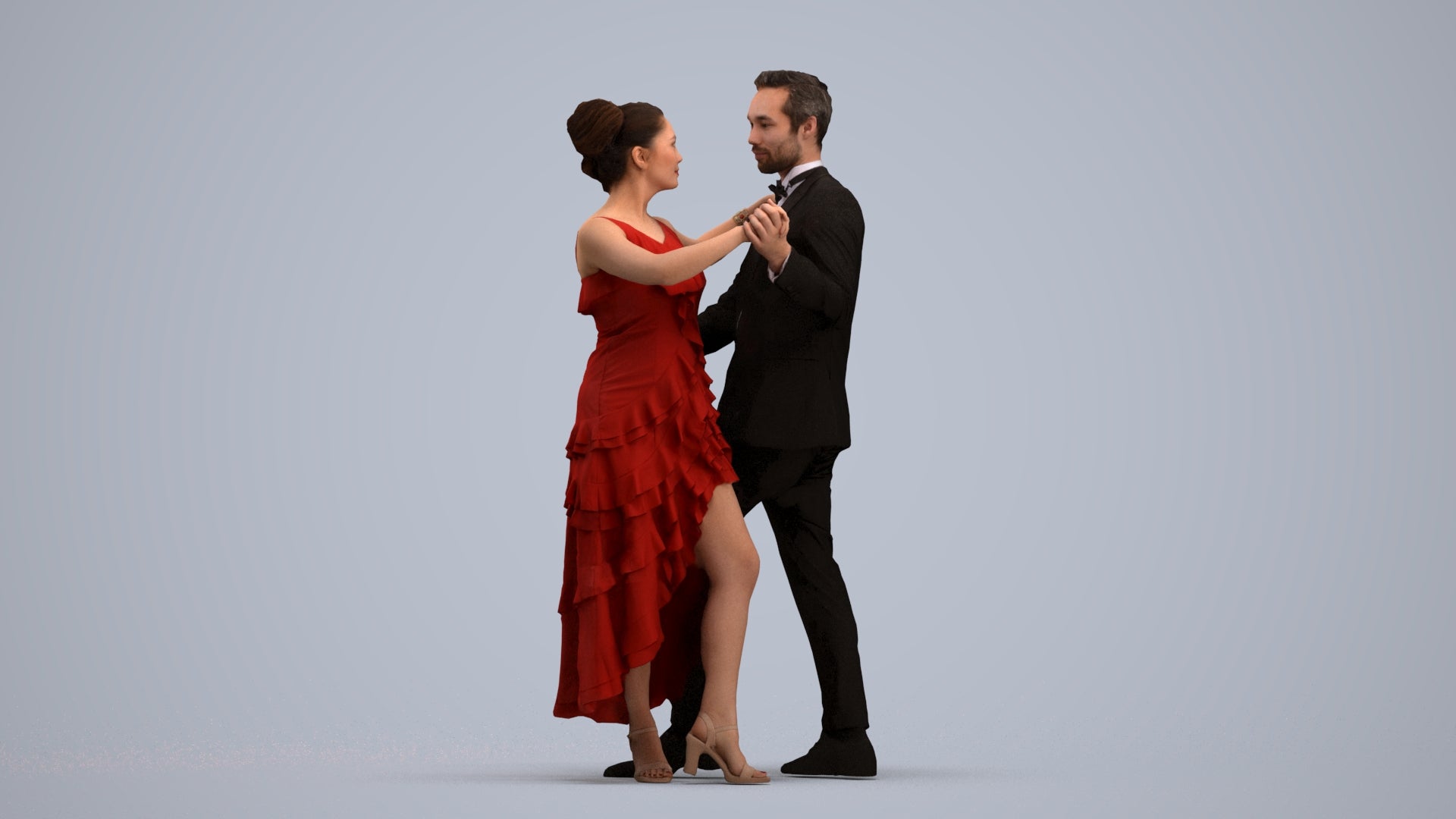 3D human model woman formal dancing, photogrammetry scanned person for archviz, standing pose render