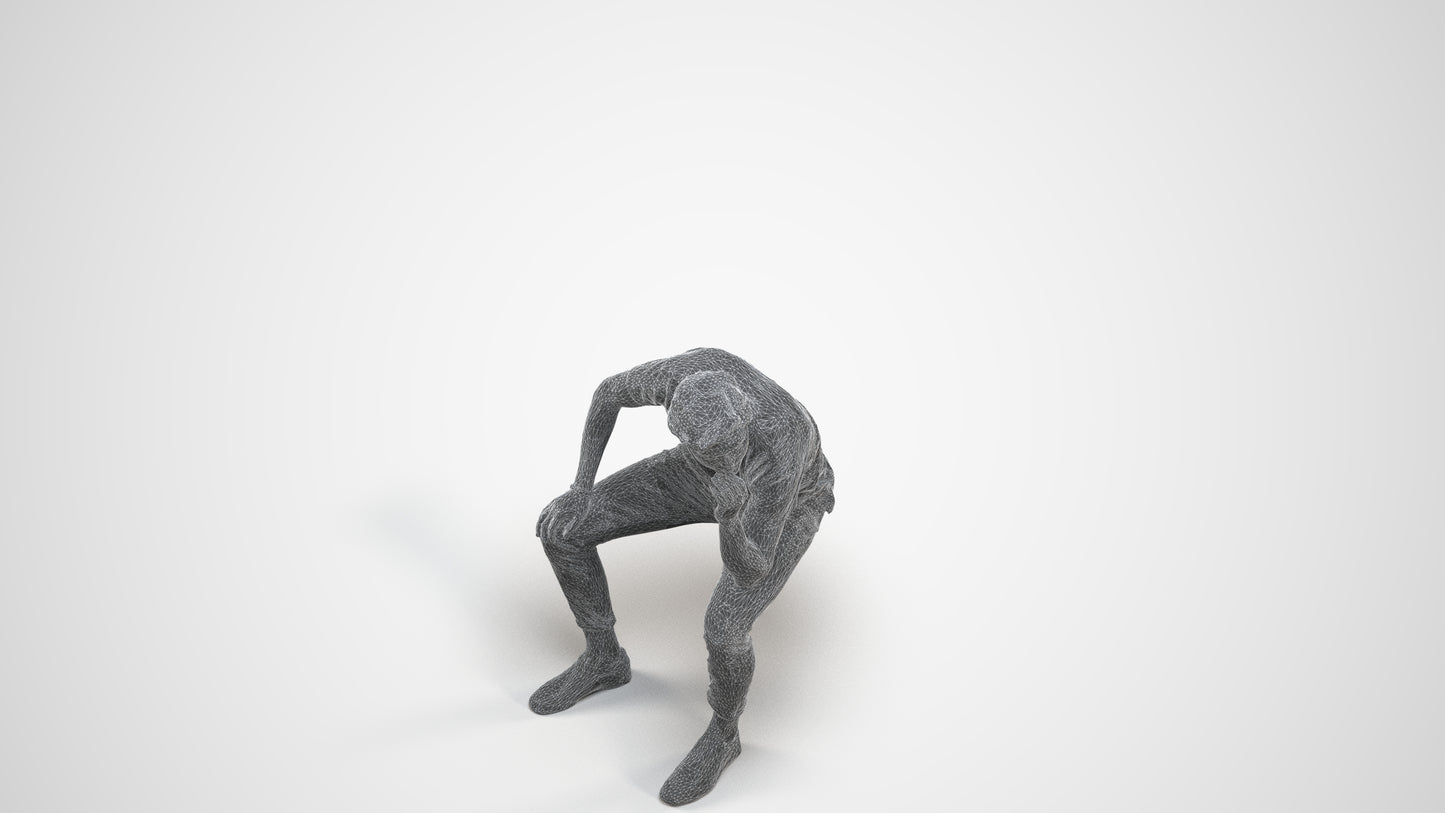 3D scanned man sitting casual, photorealistic archviz people for Enscape and SketchUp, wireframe three-quarter view