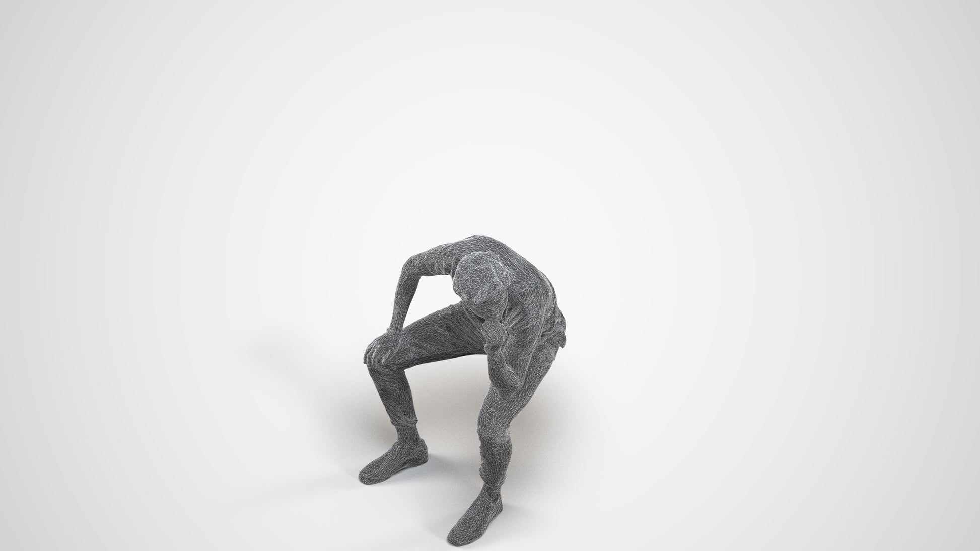 3D scanned man sitting casual, photorealistic archviz people for Enscape and SketchUp, wireframe three-quarter view