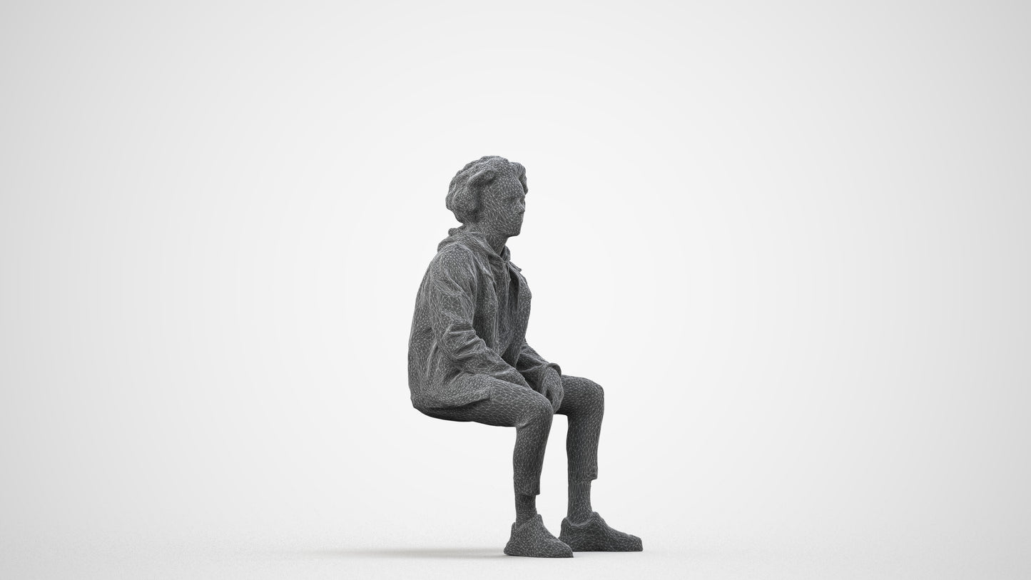 realistic 3D man casual sitting, scanned archviz people for Blender and 3ds Max, wireframe side view