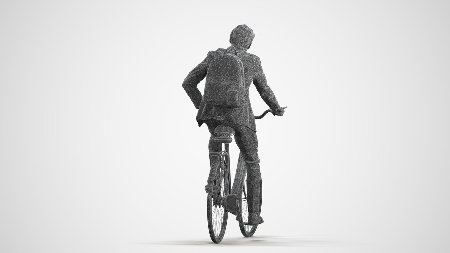 3D people model man business cycling, scanned human for 3ds Max rendering, wireframe front view