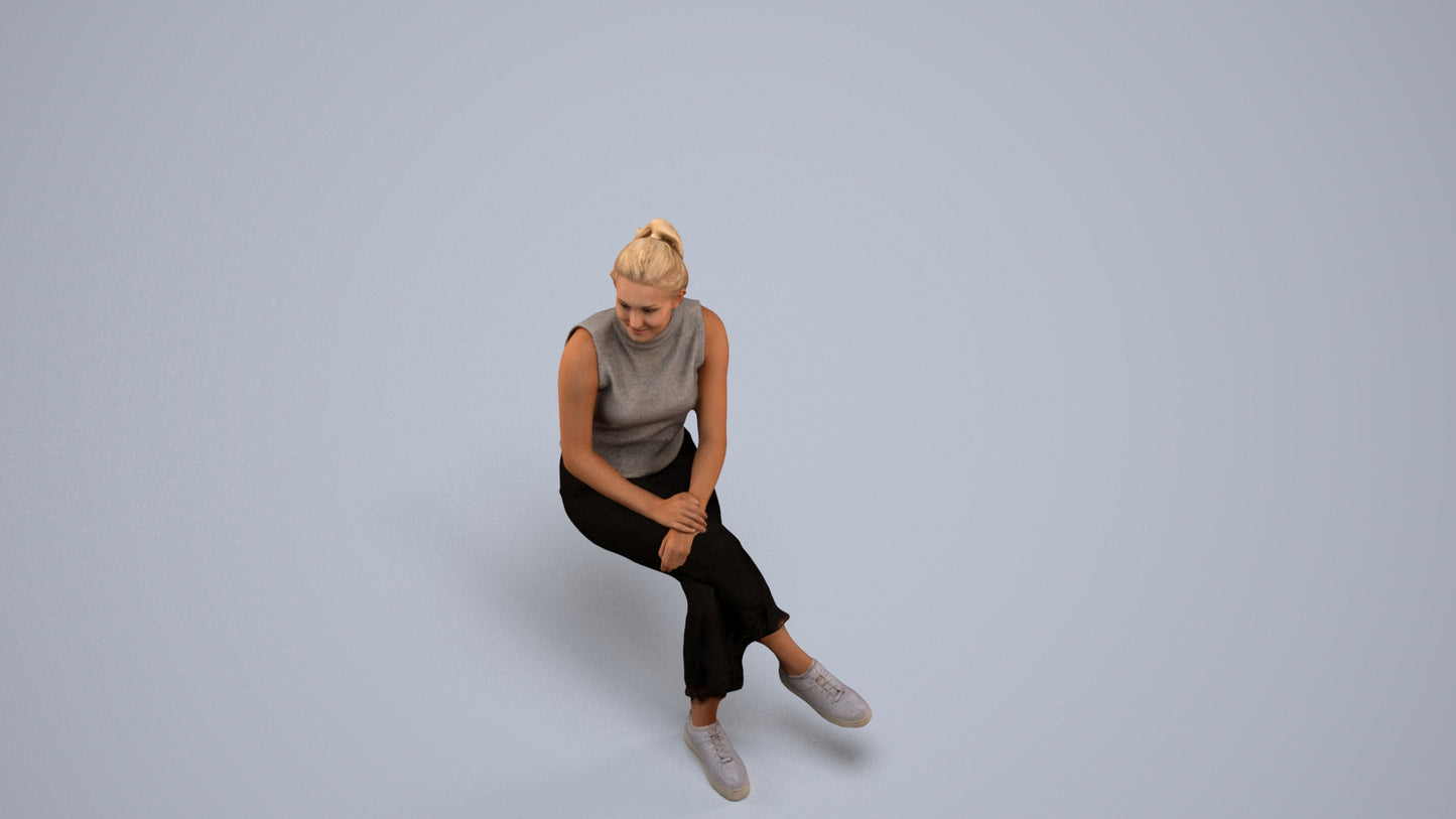 realistic 3D woman casual sitting, scanned archviz people for Blender and 3ds Max, back view render