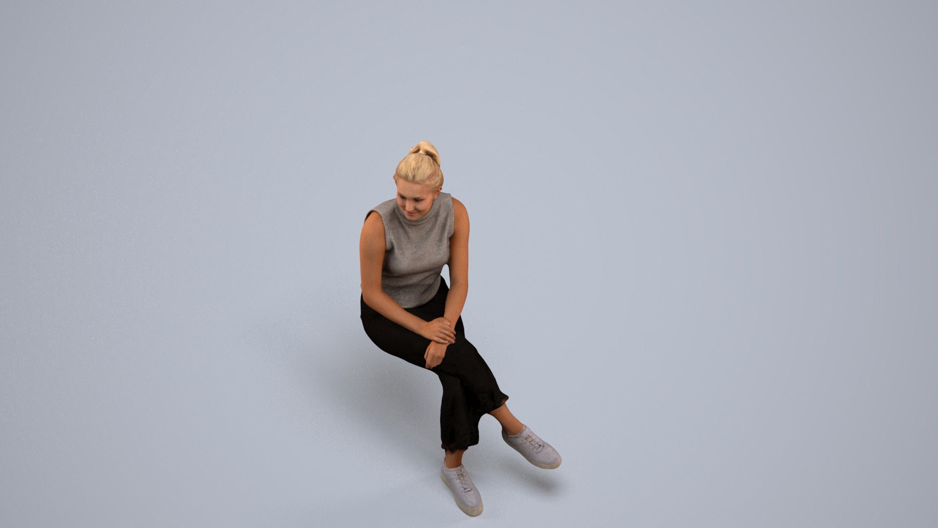 realistic 3D woman casual sitting, scanned archviz people for Blender and 3ds Max, back view render