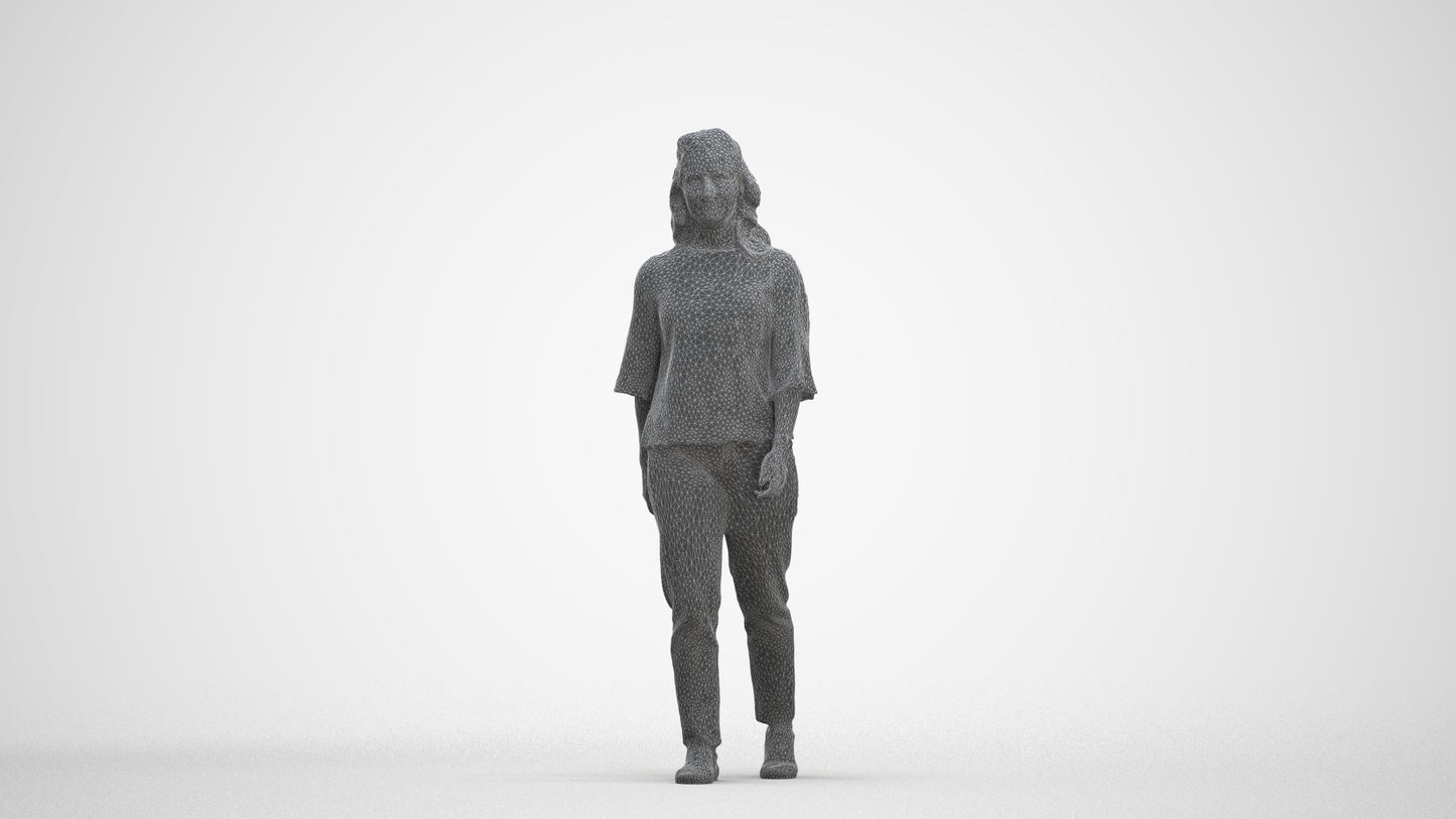 3D scanned woman walking casual, photorealistic archviz people for Enscape and SketchUp, three-quarter front view render