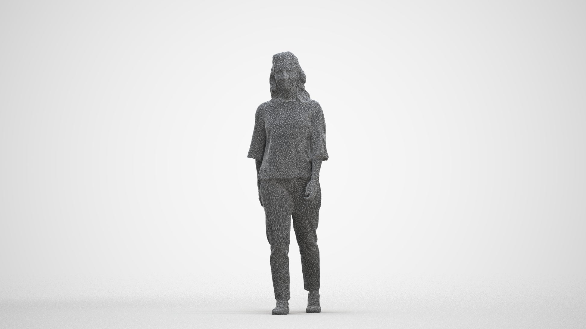 3D scanned woman walking casual, photorealistic archviz people for Enscape and SketchUp, three-quarter front view render