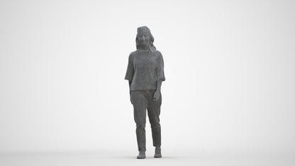 3D scanned woman walking casual, photorealistic archviz people for Enscape and SketchUp, three-quarter front view render