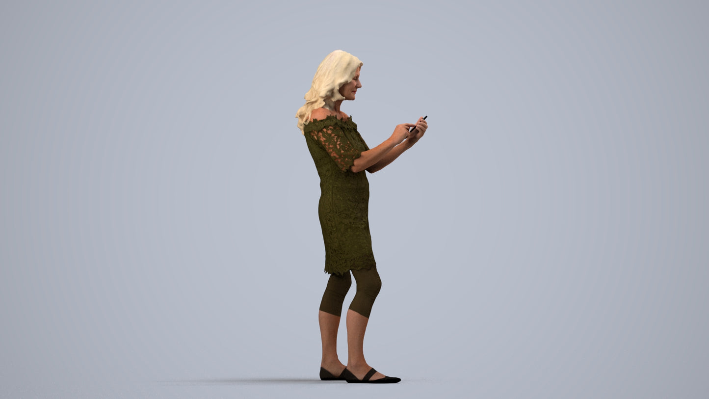 realistic 3D senior woman casual standing, scanned archviz people for Blender and 3ds Max, side view render