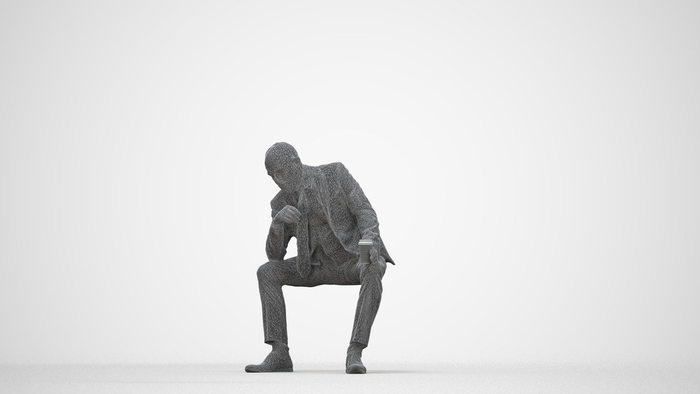 photogrammetry 3D senior man business, realistic human model archviz FBX, wireframe back view