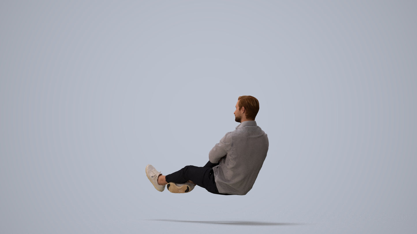 realistic 3D human man casual sitting, archviz people FBX OBJ for Blender, three-quarter view render