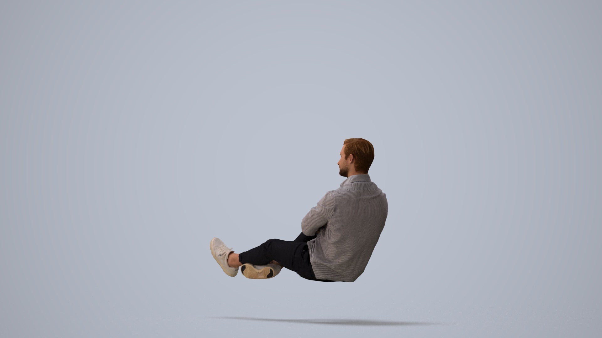 realistic 3D human man casual sitting, archviz people FBX OBJ for Blender, three-quarter view render