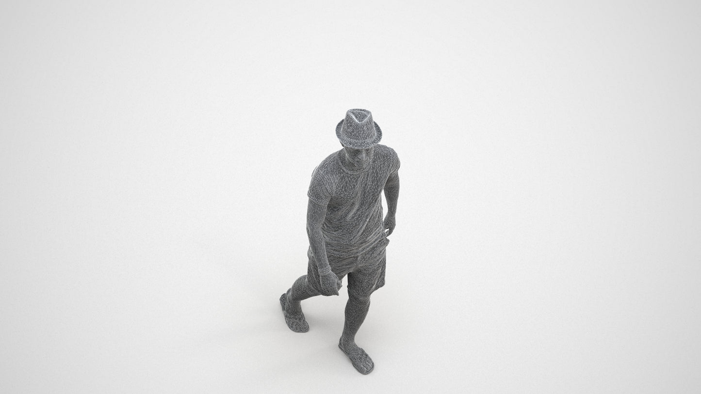 3D people model man casual walking, scanned human for 3ds Max rendering, wireframe three-quarter view