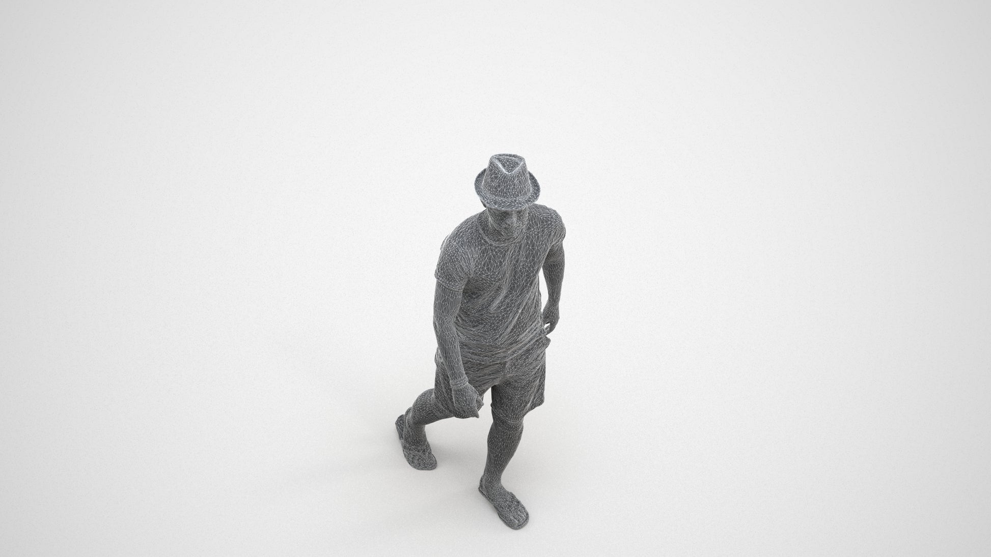 3D people model man casual walking, scanned human for 3ds Max rendering, wireframe three-quarter view