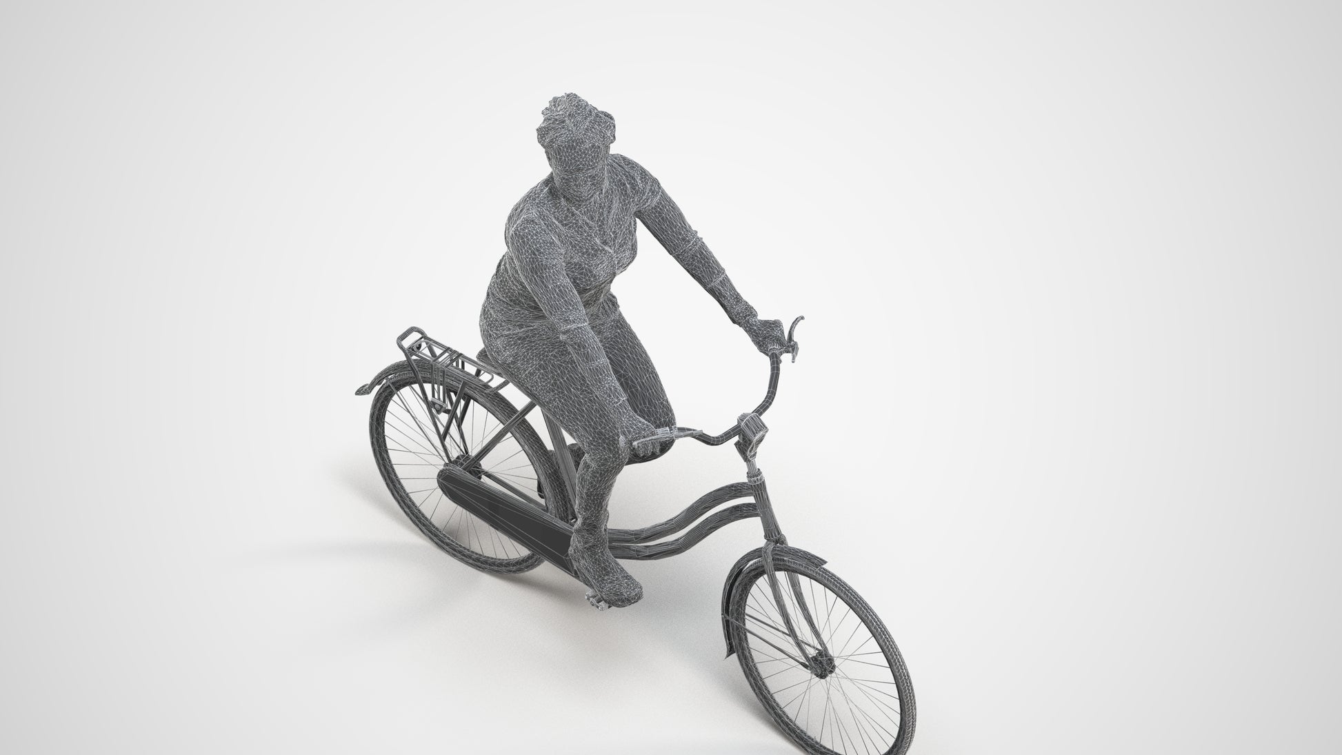 realistic 3D woman casual cycling, scanned archviz people for Blender and 3ds Max, wireframe three-quarter view