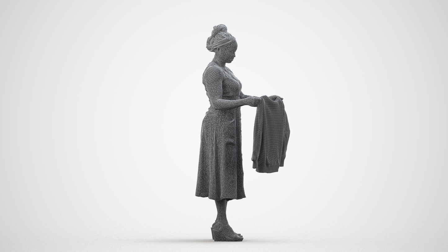 3D scanned woman standing casual, photorealistic archviz people for Enscape and SketchUp, wireframe side view
