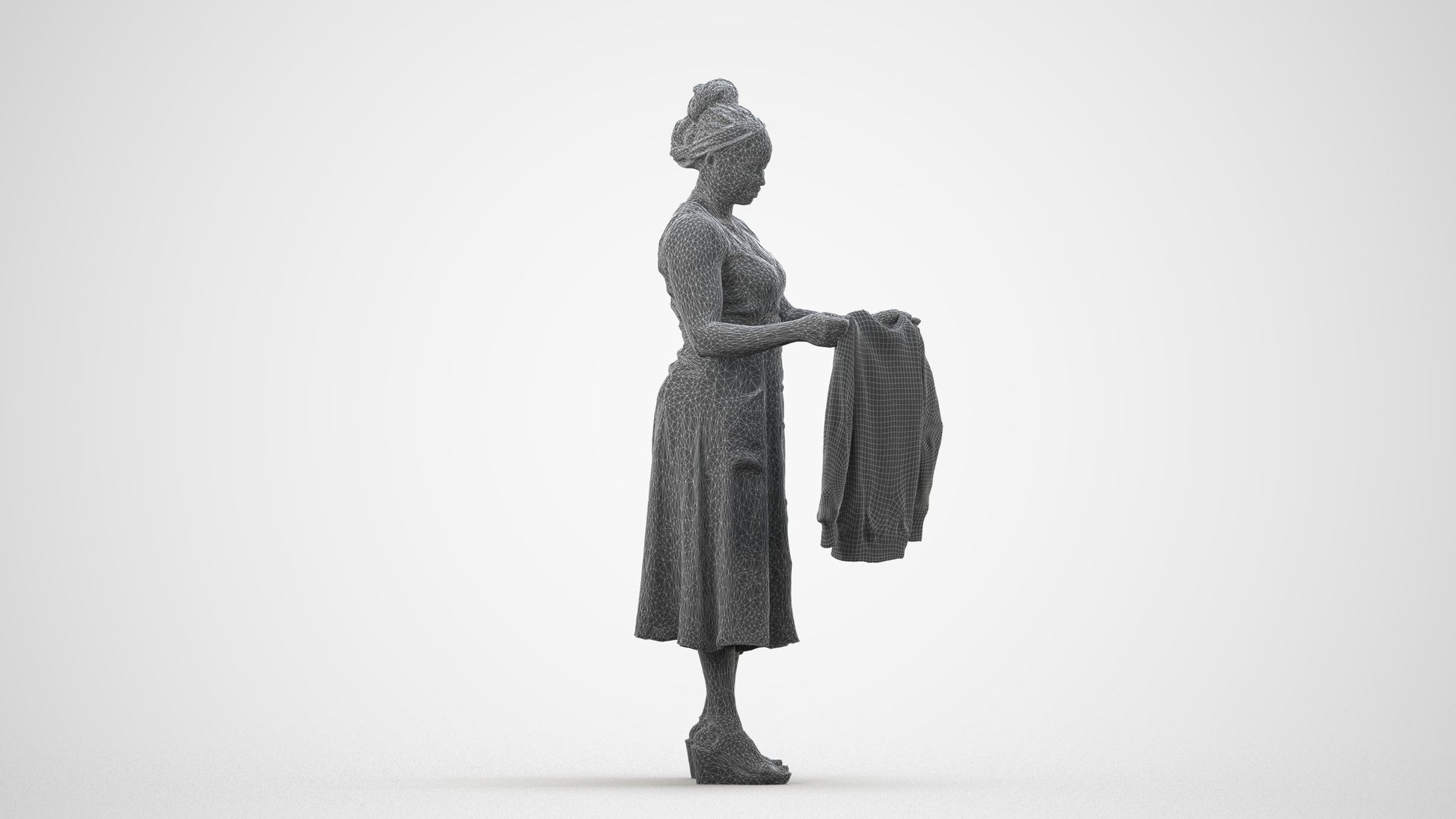 3D scanned woman standing casual, photorealistic archviz people for Enscape and SketchUp, wireframe side view