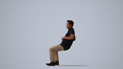 realistic 3D man casual sitting, scanned archviz people for Blender and 3ds Max, three-quarter view render