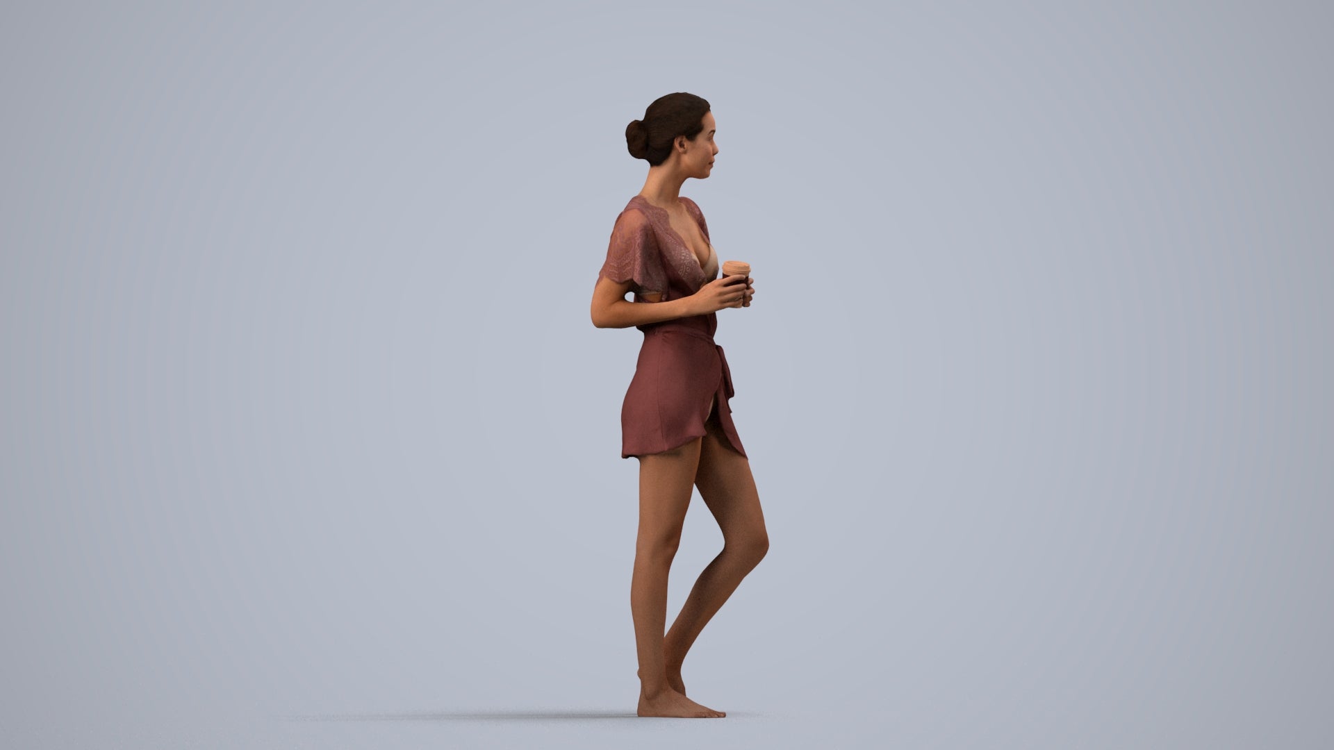 3D people model woman bathroom, scanned human for 3ds Max rendering, side view render