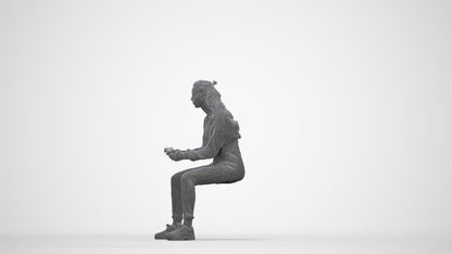 3D scanned woman sitting, photorealistic archviz people for Enscape and SketchUp, wireframe back view