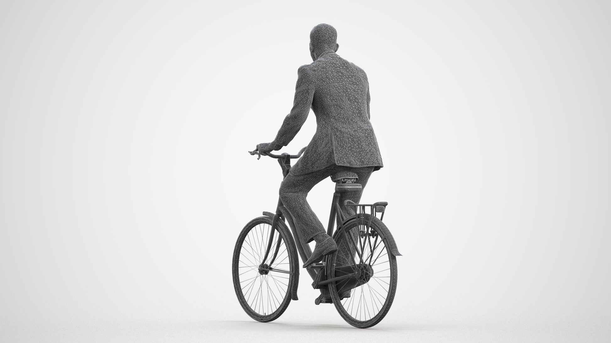 3D people model man business cycling, scanned human for 3ds Max rendering, wireframe front view