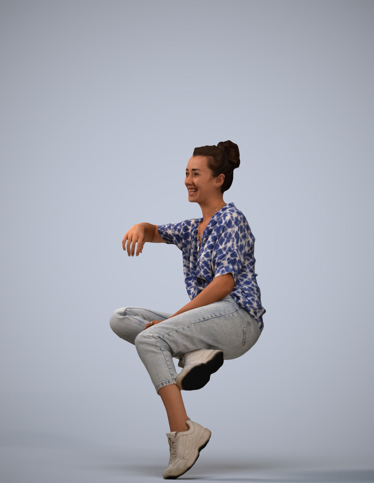 3D scanned woman sitting casual, photorealistic archviz people for Enscape and SketchUp