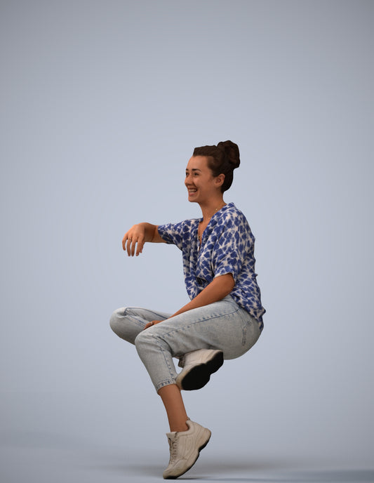 3D scanned woman sitting casual, photorealistic archviz people for Enscape and SketchUp