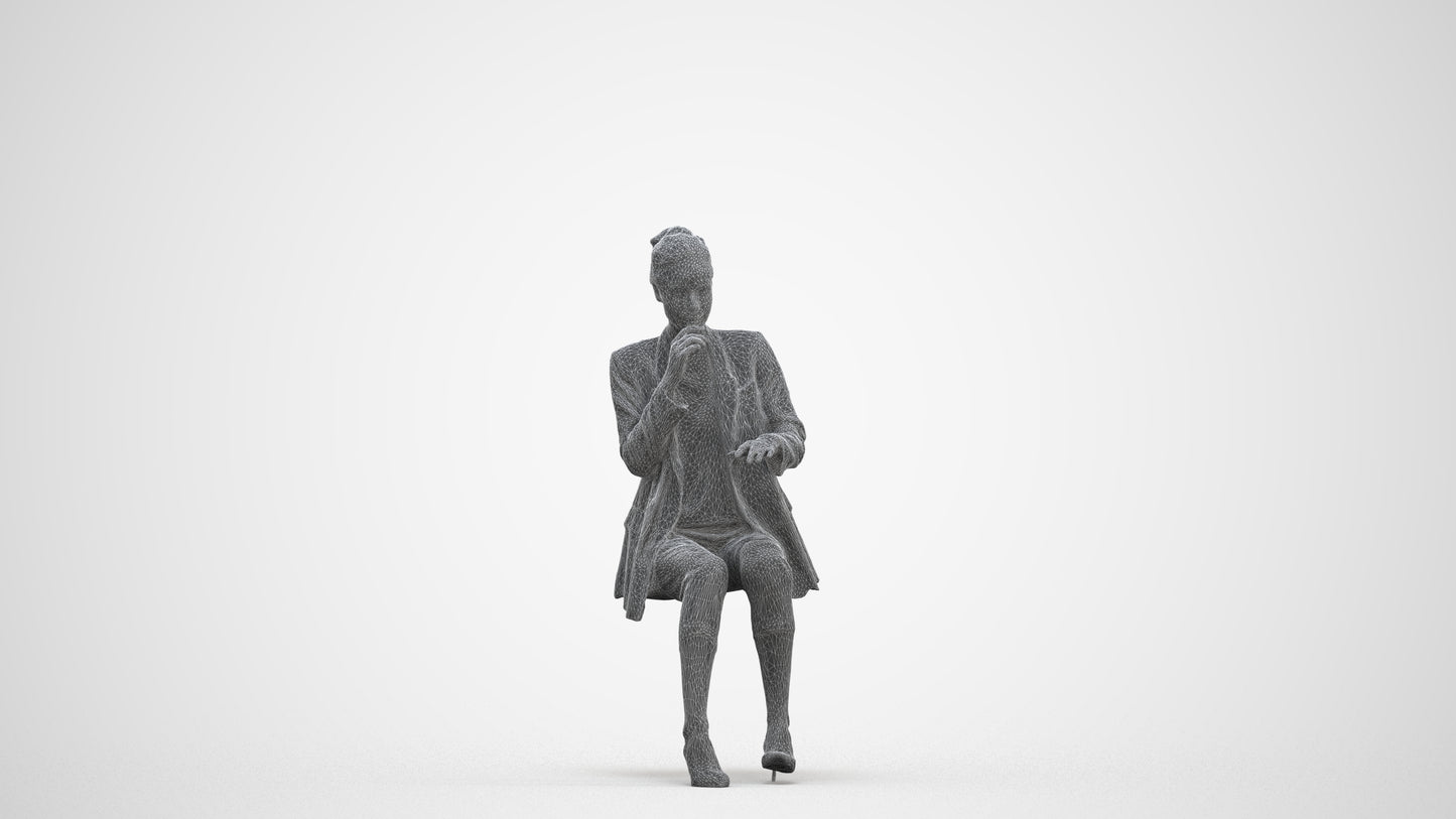 photogrammetry 3D woman business sitting, realistic human model archviz FBX, three-quarter front view render