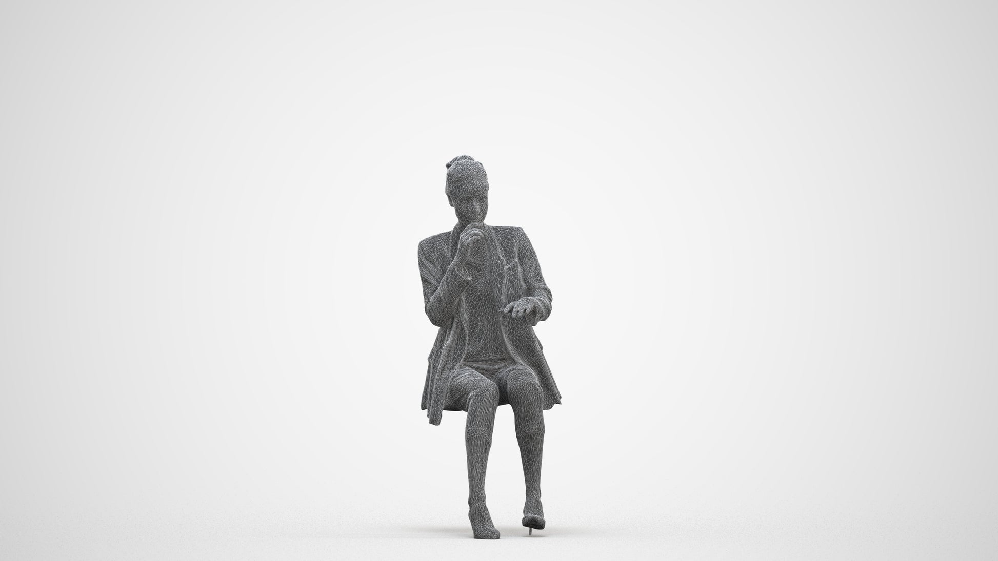 photogrammetry 3D woman business sitting, realistic human model archviz FBX, three-quarter front view render