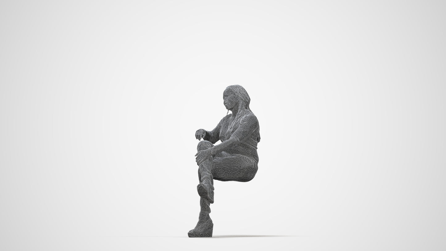 3D people model woman casual sitting, scanned human for 3ds Max rendering, wireframe back view