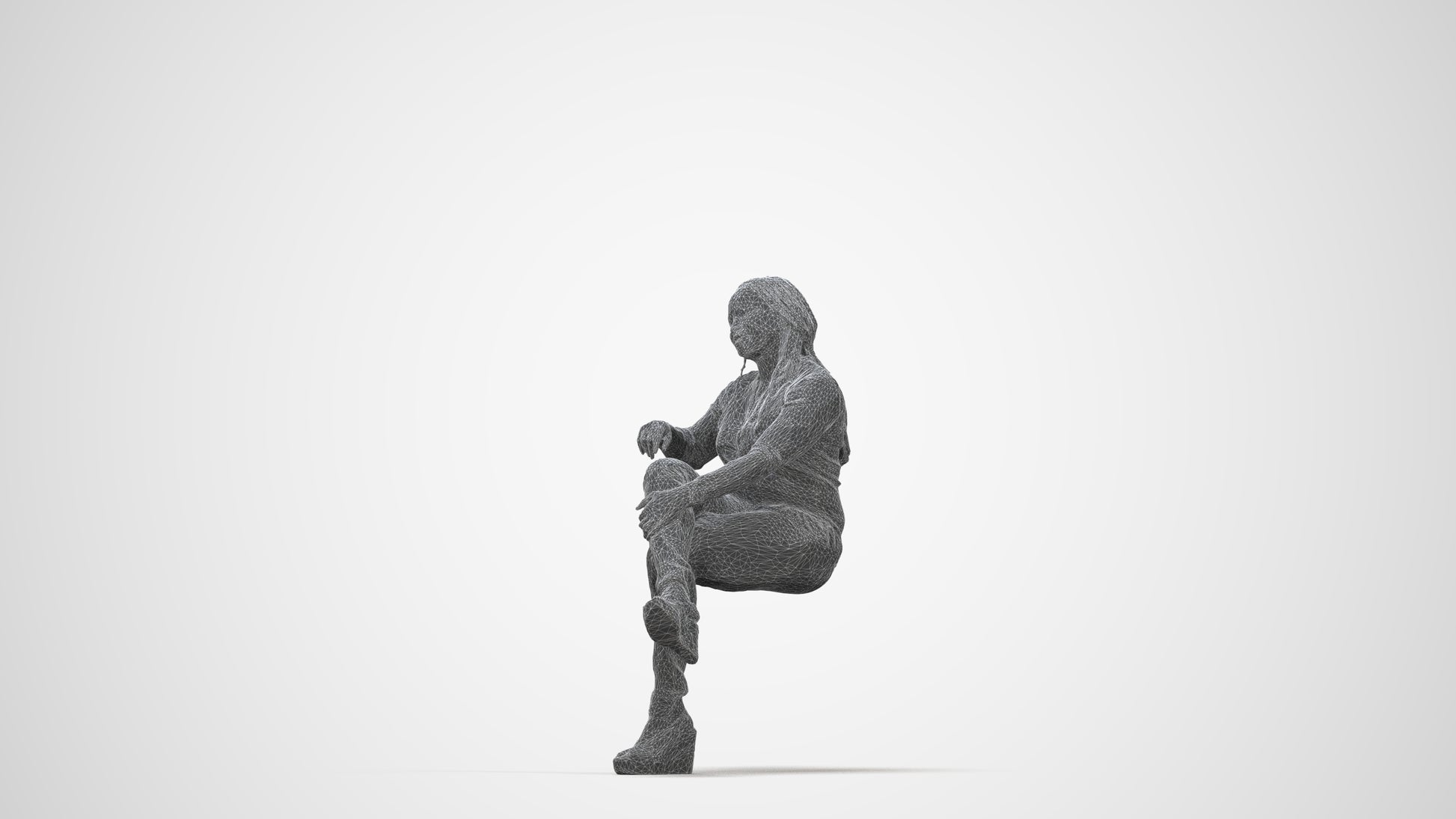 3D people model woman casual sitting, scanned human for 3ds Max rendering, wireframe back view