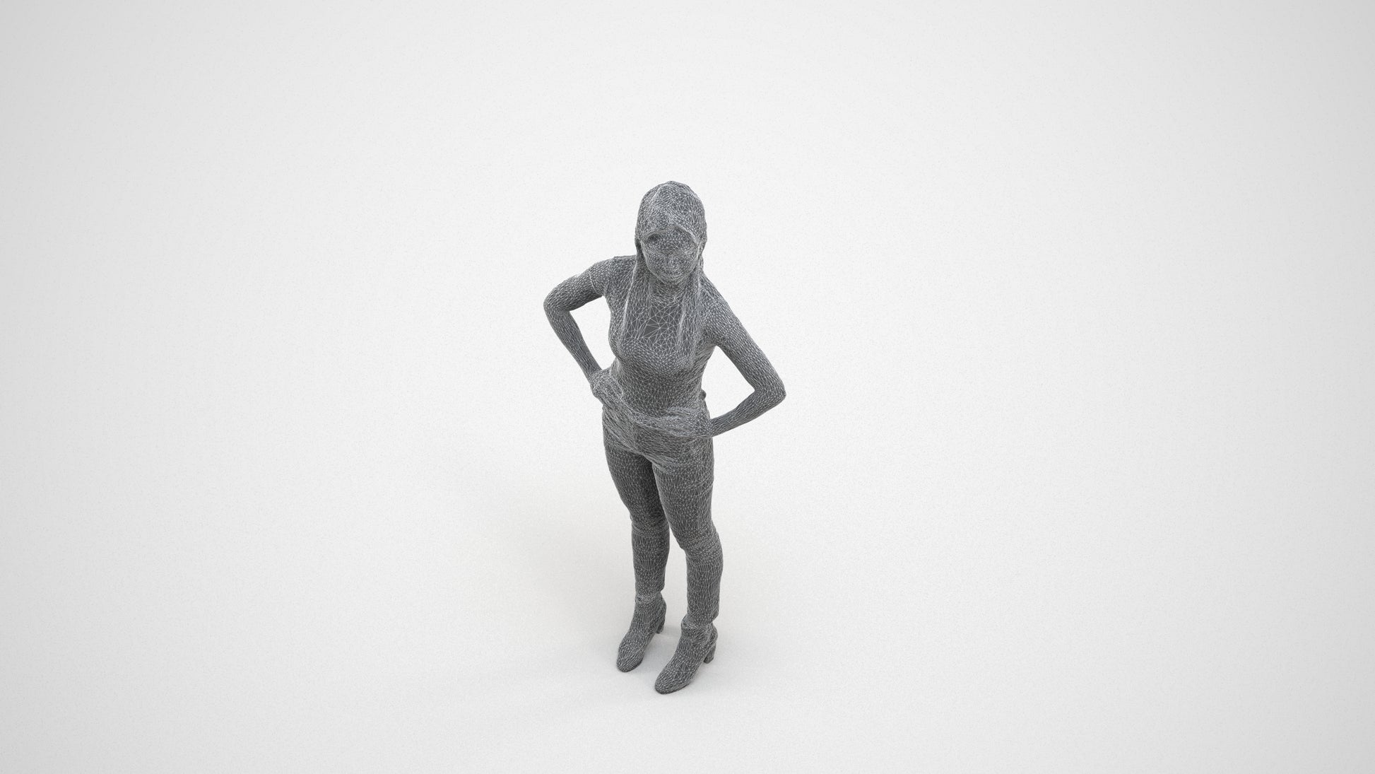 scanned 3D woman casual standing, photogrammetry people for Enscape and V-Ray, wireframe three-quarter view