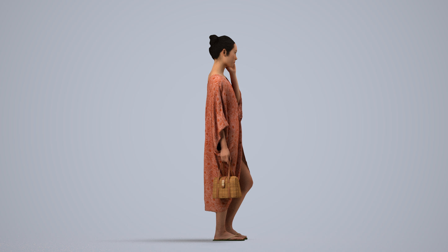 3D human model woman standing, photogrammetry scanned person for archviz, side view render