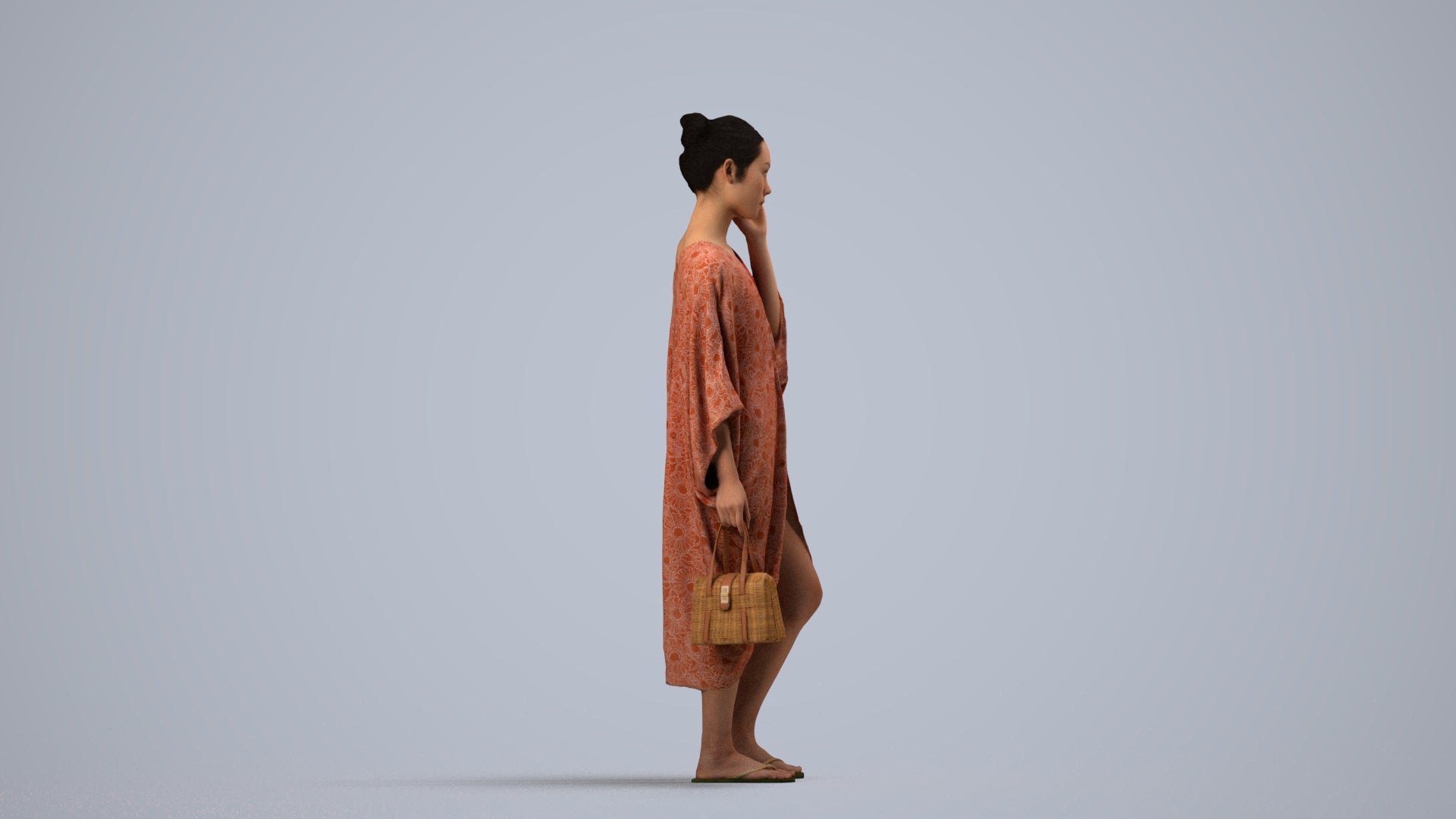 3D human model woman standing, photogrammetry scanned person for archviz, side view render