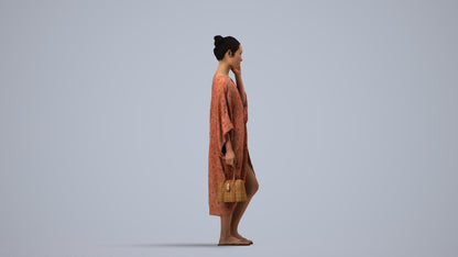 3D human model woman standing, photogrammetry scanned person for archviz, side view render