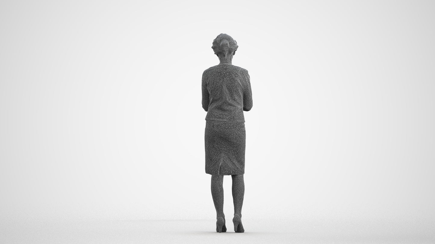 3D scanned woman standing business, photorealistic archviz people for Enscape and SketchUp, wireframe front view